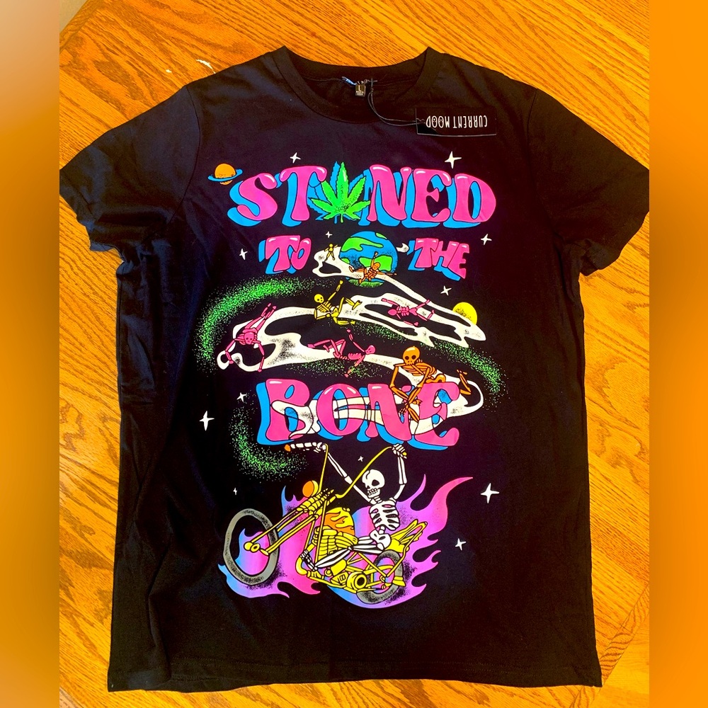Dolls Kill Black "Stoned to the Bone" Graphic Tee with Neon Pink, Green & Purple